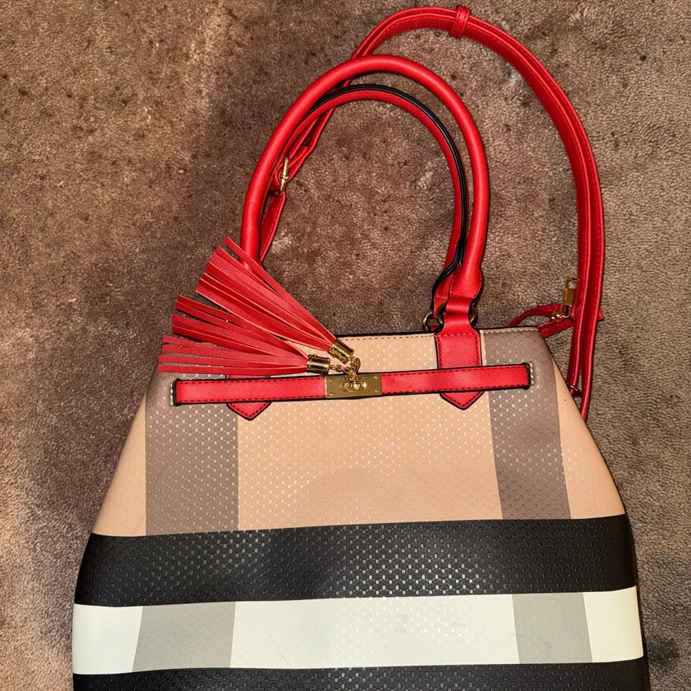 Red-Accent Striped Women's Tote Bag